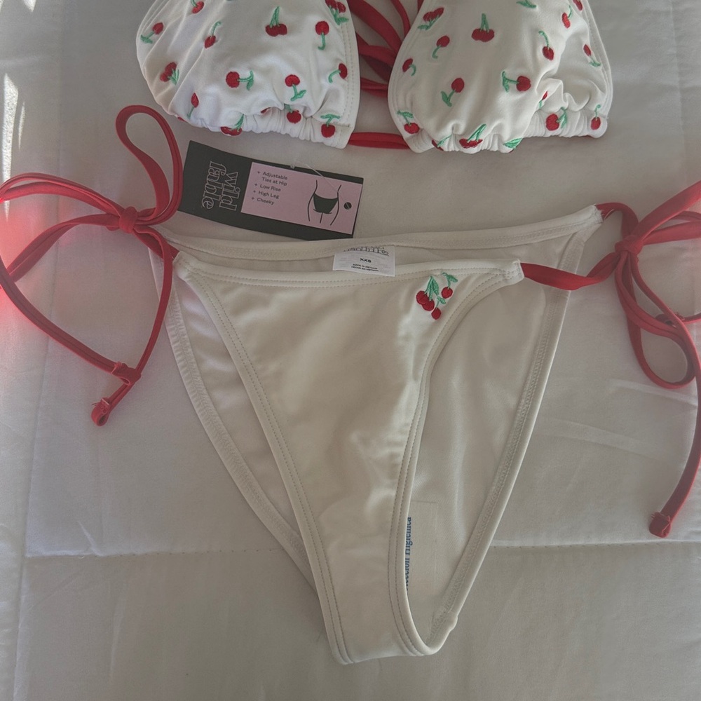 wild fable White Bikini Bottom with Neon Pink Tie Strings and Cherry Detail
